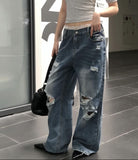 Redo Damage Washing Wide Denim Pants