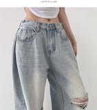 Destroyed Jeans Pleated Side Pin Tuck Balloon Wide Fit Pants