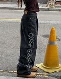 Hotfix side lettering unbalance denim pants