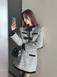 Noble Velvet Ribbon Boucle Wool Jacket Mini Skirt Set