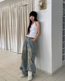 Dirty Washed Keychain Strap Carpenter Denim Pants