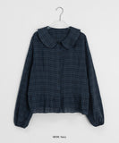 Cordent Check Round Collar Frill Long Sleeve Blouse