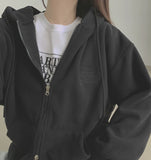 Loose Fit Two-Way Soft Embroidered Hood Zip-Up