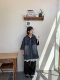 [unisex] Ryuhu Vintage Denim Hood Short Sleeve Shirt