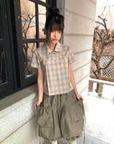 [MADE] Yuwa Round Collar Check Short Sleeve Blouse