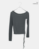 Yushi Stud Strap Unbalanced One Off Shoulder Long Sleeve T-Shirt