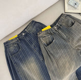 Stripe Folding Hem Snap Wide Denim Pants