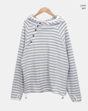 Taen Diagonal Button Stripe Hooded T-Shirt