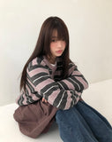 Woolen Stripe Round Knit Cardigan
