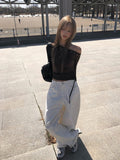 Denk Shirring Eyelet Crop Lip Neck T-shirt