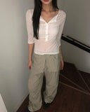 Chugi Button See-through Three Quarter Sleeve T-Shirt