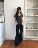 NER Deep U-Neck Round Side Shirred Short Sleeve T-Shirt