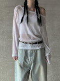 Boat neck long sleeve see-through knit