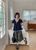 Cheatero Denim Layered Short Sleeve Blouse