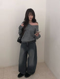 Quart Brushed Deep Blue Denim Washing Wide Pants