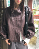 Dumb High Neck Cut Pocket String Leather Jacket