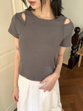 Picto Layered Shoulder Slit Short Sleeve T-Shirt