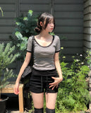 Tiny Stripe U-neck Elbow Length T-shirt