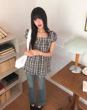 Onnit Check Square Neck Mini Short Sleeve Blouse