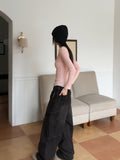 Atter strap deep V-neck slim ribbed crop long sleeve knit