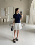 Delun Color Matching Collar Pleated Banding One Piece