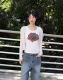 Kiving See-Through U-Neck Cosmos Flower Long Sleeve T-Shirt