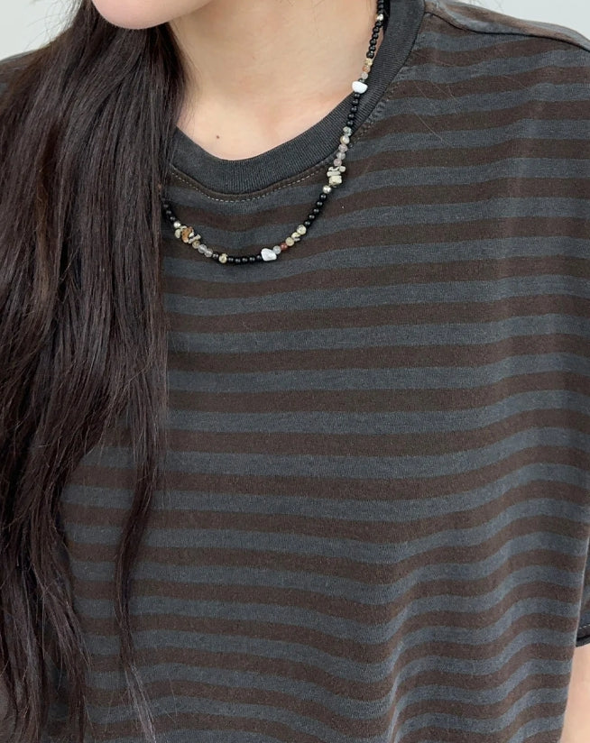 【SATIIIZ】Kaya Stripe Crop Short Sleeve T-shirt SATIIIZ (サティーズ) - カヤストライプクロップ半袖Tシャツ