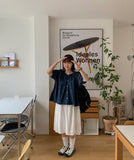 Demins Ribbon Button Denim Short Sleeve Blouse