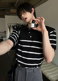 V-in stripe button collar short sleeve knit