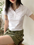 Moodle Pocket Color Matching Collar Short Sleeve T-shirt