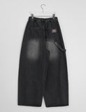 [unisex] Kotei banding string washing balloon wide denim pants