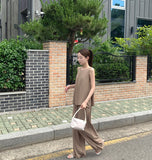 Linen Sleeveless Banding Long Wide Two-Piece Set Vacation Look Summer Outfit