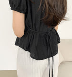 Summer Lace Pattern Puff Short Sleeve Ribbon Blouse