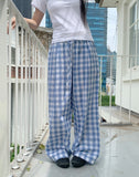 Khark Checkered Pintuck Banding Long Wide Pants