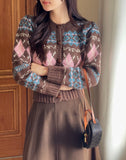 Cren Argyle Puff Knit Cardigan