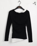 Chiss shirring layered diagonal off-shoulder long sleeve T-shirt