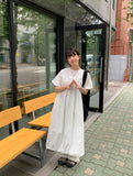 Derikeu Shirring Button Short Sleeve Long One Piece