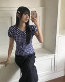 Warden Round Collar Puff Check Blouse