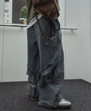 Folding pocket curved damage denim pants