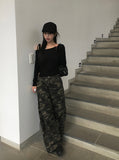 Block Unbalance Off Shoulder Shirred Long Sleeve Tee