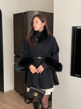 [Muffler + Belt Set] Zader Cape Fur Half Coat