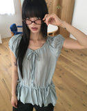 Serine Tiered Ribbon String Wrinkle Short Sleeve Blouse