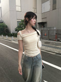 Dis Twist Strap Shoulder Lace Short Sleeve T-shirt