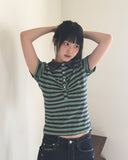 Dem Stripe Shirring PK Collar Short Sleeve T-Shirt