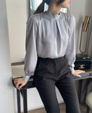 Huberin Satin Pintuck Ribbon Tie Blouse