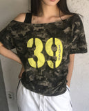 Ray Camo Number Print Off Shoulder Shirring Short Sleeve T-Shirt