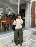 Welleu banding snap button wide cotton pants