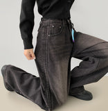 Side Tape Cut Line Brushed Balloon Wide Denim Pants