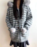 Levin Stripe Drop Knit Fur Hooded Cardigan