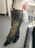 Cama Yellow Washing Vintage Long Wide Denim Pants